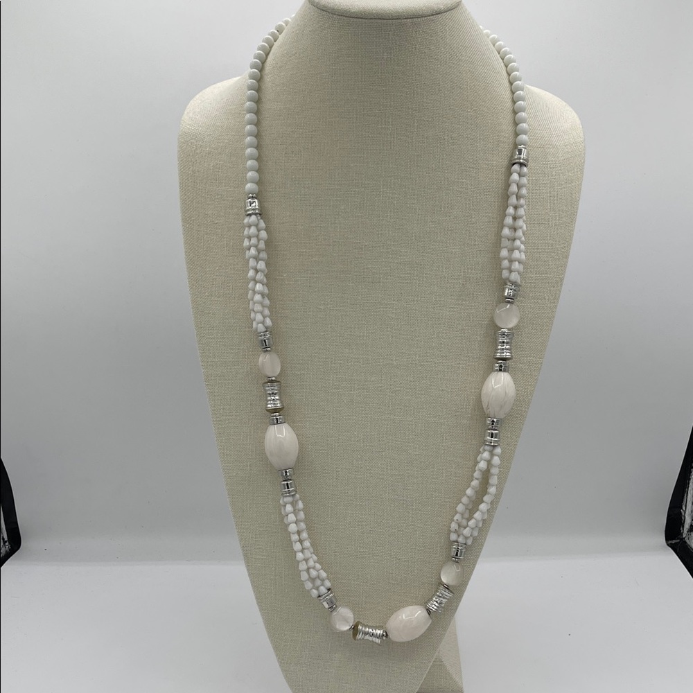 4.15.26-27 Chico's White Beaded Multi-Strand Necklace with Silvertone Accents